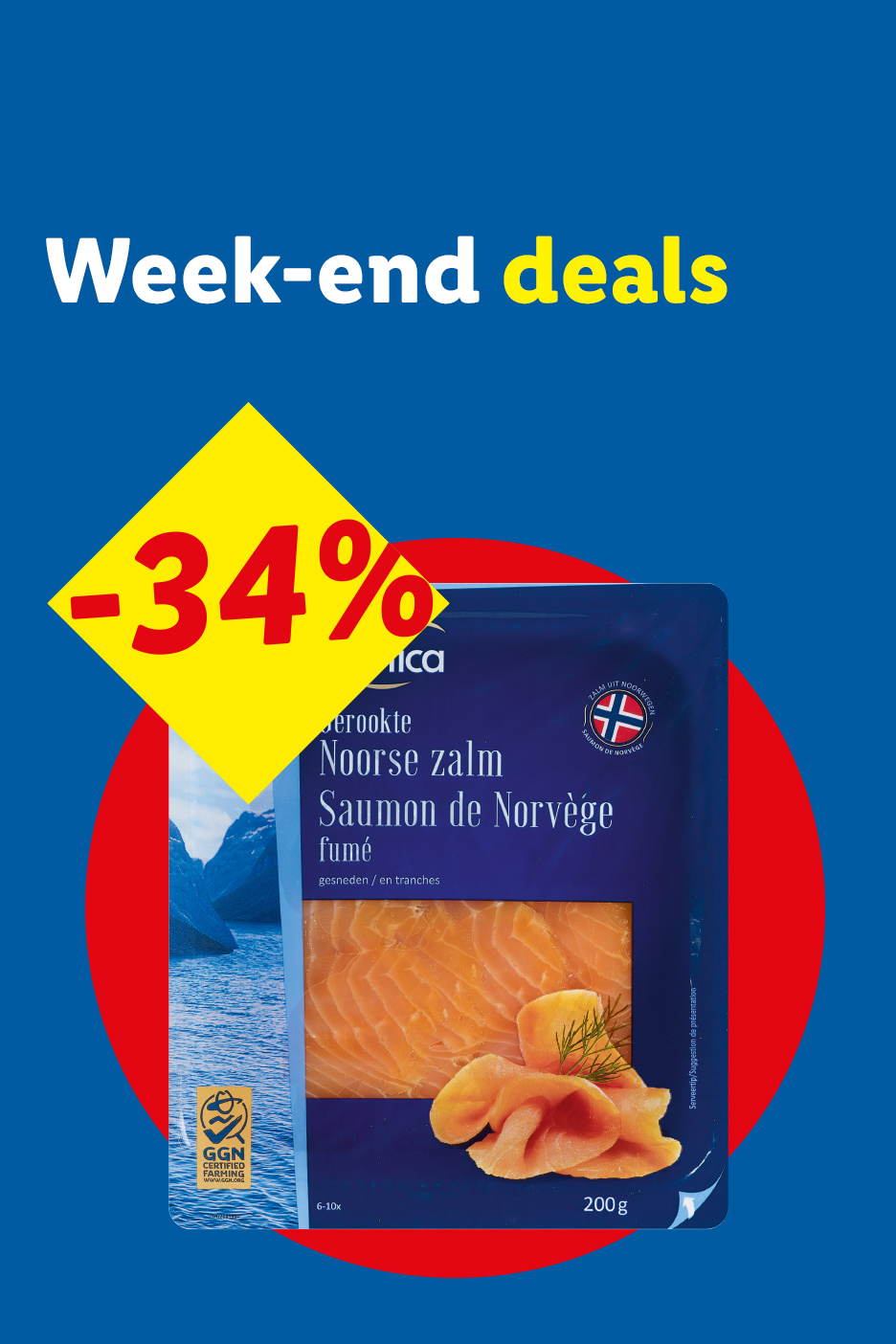 Offres de week-end : Saumon fumé de Norvège avec une réduction de 34%.