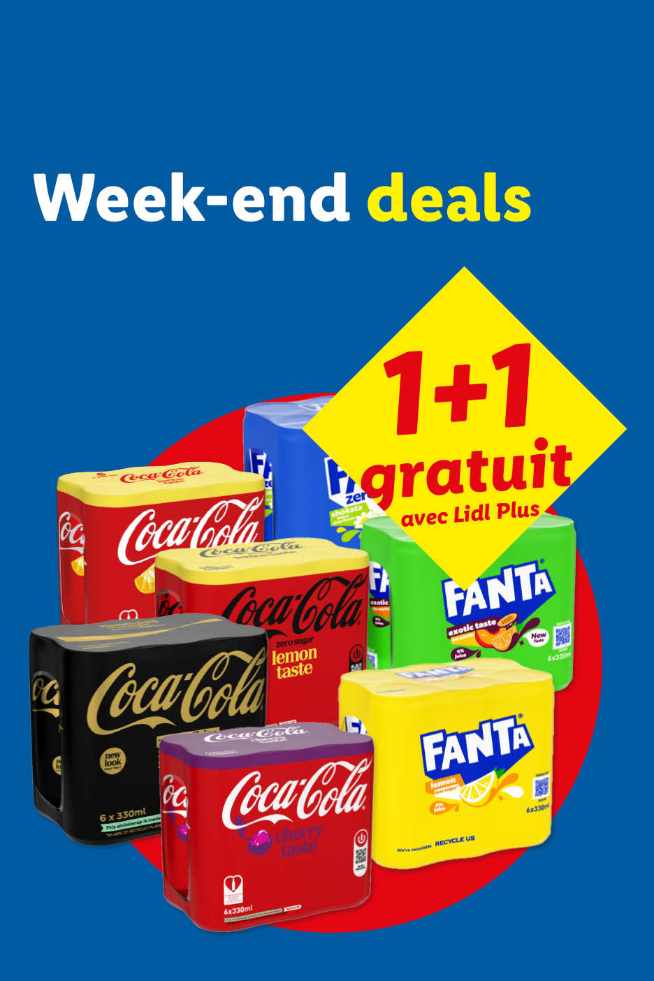 Offres de fin de semaine : packs de boissons gazeuses avec une offre 1+1 gratuit via Lidl Plus.