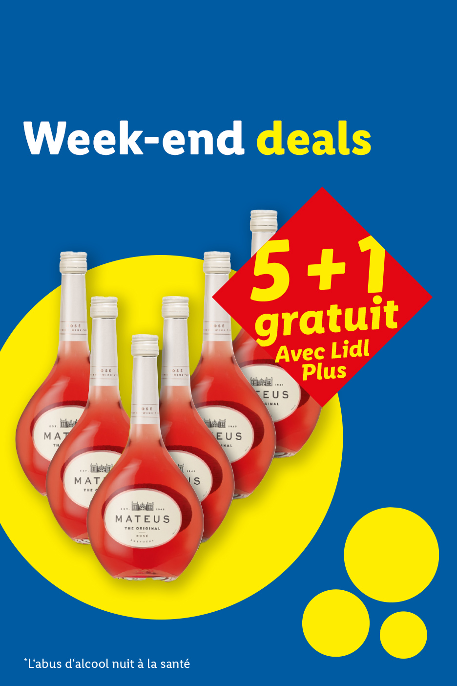 Offre de 5+1 bouteilles de vin rosé gratuites avec Lidl Plus, sur fond bleu et jaune.