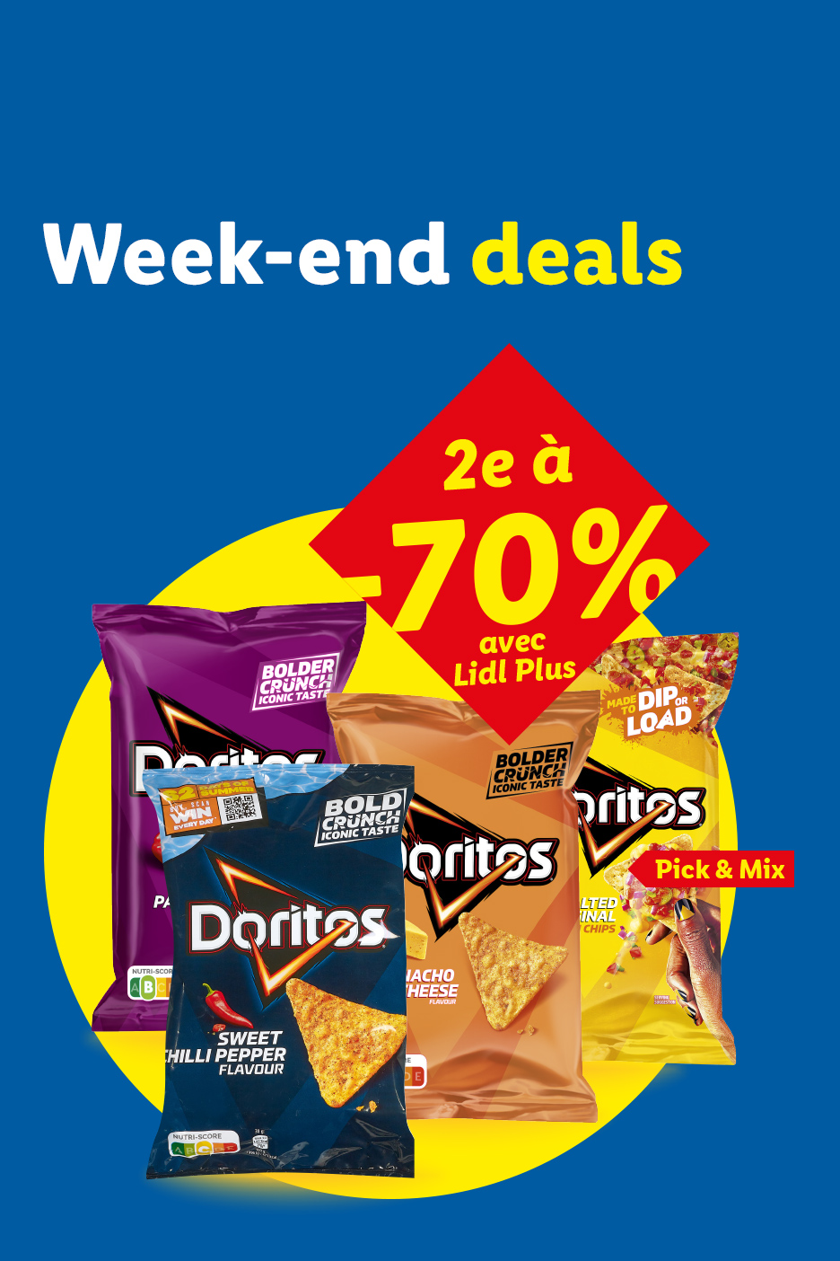 Offres de week-end sur les chips, avec jusqu'à -70% sur le 2ème produit avec Lidl Plus.