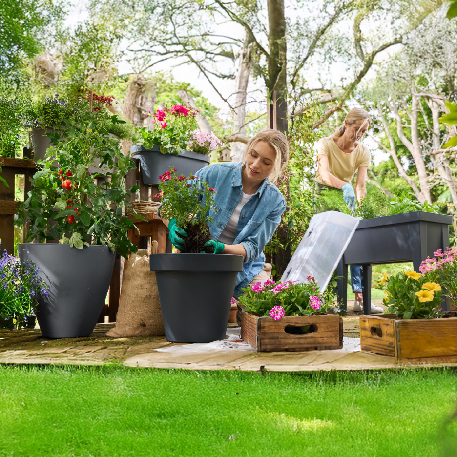 Deux femmes jardinent avec des pots de fleurs, des jardinières surélevées et des plantes.